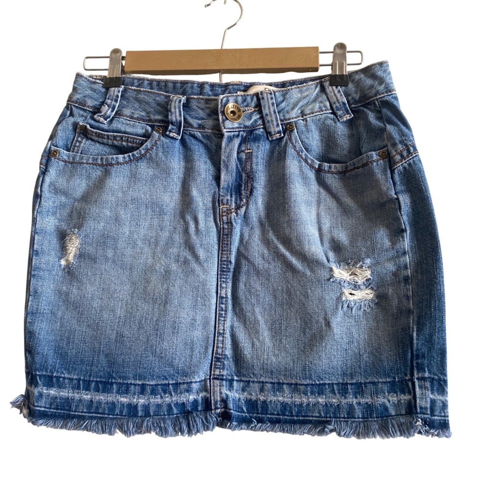 DKNY Jeans Petites Blue Denim Jean Mini Skirt Distressed Frayed Hem Womens 6P